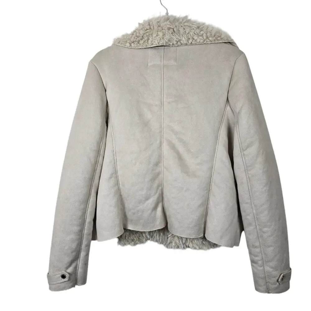 Y2K Women’s XL Faux Shearling Moto Jacket Cream Beige Cozy Winter Biker Coat